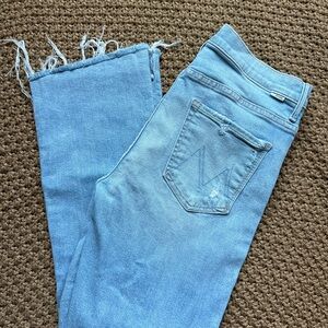 MOTHER Blue Ankle Cropped Jeans with Distressed Hem